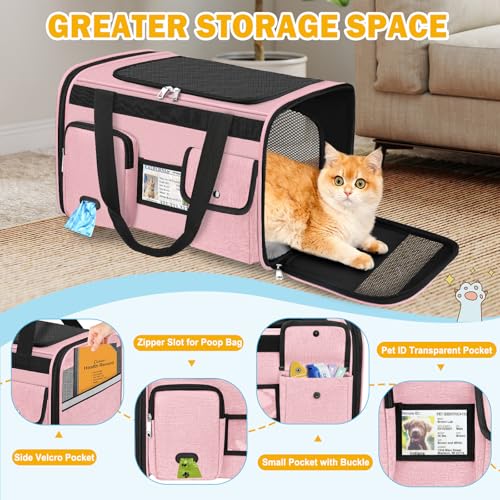 HUANLANG Large Cat Carrier Soft Sided Travel Pet Carrier Airline Approved | Dog Carriers for Small Dogs Medium Cats,Collapsible,3 Storage,zipper lock,Reflective strips,Luggage Strap, Up to 15 L,Pinkbs - color: Pink