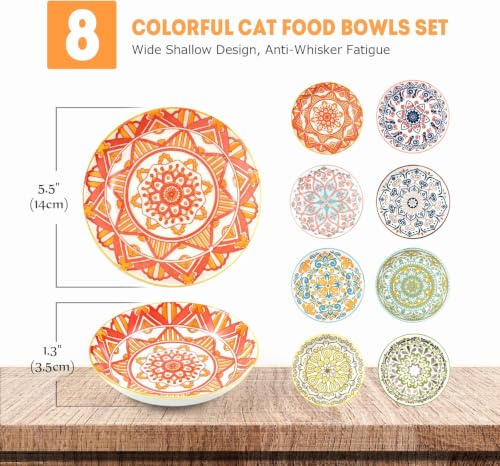 Cat Food Bowl, 8 Pack Ceramic Cat Dishes for Food & Water, Kitten Bowls Set | 5.5" Shallow Feeding Bowls for Wet Meals, Kibble & Water, Whisker Friendly Wide Plates for Cats, Dishwasher & Microwave Safe - size: Boho–8 Pack