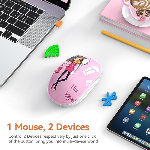 FMOUSE Cute Cartoon Silent Wireless Mouse, Dual Mode Bluetooth & USB 2.4G | Shopping girl Pattern, Ideal for Kids Students & Office Use | AA Battery Powered | Compatible with Laptop Mac iPad Tablet PC - color: Shopping Girl