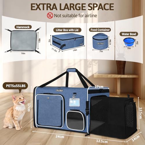 Side Expandable Extra Large Cat Carrier with Litter Box, Blue | 24"L x 17"W x 17"H, Privacy Curtain and Lockable Safety Zippers, for Long Distance Car Travel, Cats Under 55 lbs - color: blue