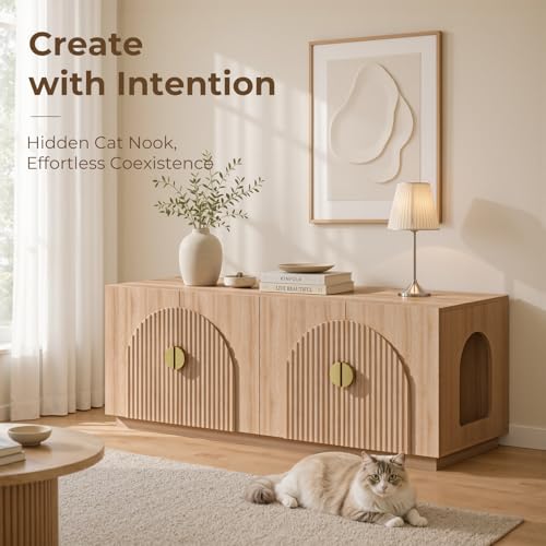 Amunrbrek Double Cat Litter Box Enclosure Furniture with Optional Divider - color: Natural Double