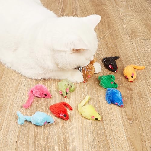 12PCS Cat Mouse Toys, Faux Fur Interactive Catnip Mice | Realistic 3.9in size with a durable plastic body and rattling sound, Perfect for indoor Cats, Kittens and Puppies