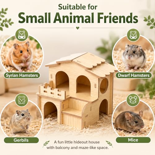 Wooden Hamster House, 2-Story Hideout with Steps and Balcony | Two-level wooden hideout and maze with rooms, steps and balcony for Syrian and dwarf hamsters, gerbils and mice