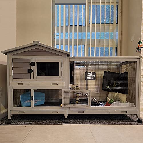 Aivituvin Rabbit Hutch Outdoor Indoor Rabbit Cage Chikcen Coop with Casters Guinea Pig Cage with 3 Deep No Leakage Pull Out Tray,Waterproof Roof - color: Grey