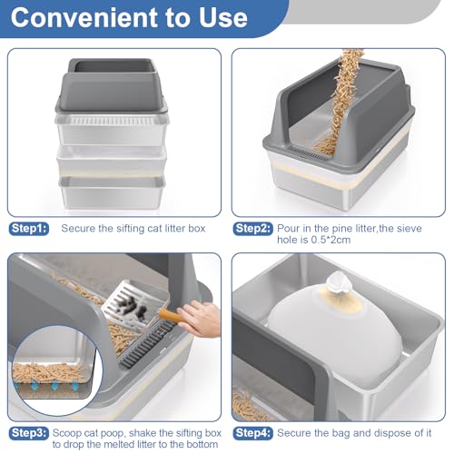 Stainless Steel Sifting Litter Box with Lid, High Sides XXL Extra Large Sifting Cat Litter Box for Pine Pellets & Big Cats, Sifter Litter Pan System for Odor Control,Sifting Box Liners & Scoop - size: XXL:23.6''×15.7''×16''