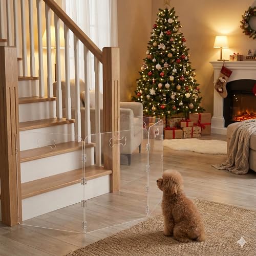4-Panel Clear Acrylic Freestanding Dog Gate, Folding Pet Barrier | Transparent Puppy Fence with Handles, Foldable Playpen for House, Indoor Stairs, Doorways, Small Dogs & Rabbit - size: 4-Panel