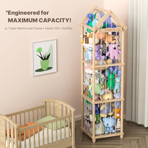 Stuffed Animal Storage Zoo, 65" Extra Large Wooden Plush Toy Organizer, Solid Pine Toy Holder with 3D Sign & Sturdy Base, Vertical Corner Stuffed Animal Cage for Nursery Playroom - size: XLL