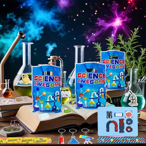 111PCS Science Party Favors, Lab Birthday Decorations and Goodie Bag Toys | 111PCS science party favors with magnifiers, gift bags, stickers, straws, bracelets, keychains and a magnet set. - style: Science