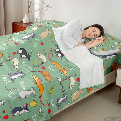 Erosebridal Kids Rat Sheet Set Mouse Rodents Bed Sheet Funny Animal Love Heart Bed Sheet Set King Size for Boys Girls Children Bedroom Cartoon Style Fitted Sheet+Pet Flat Sheet+2 Pillow Cases, Green - color: Multi 54, size: King