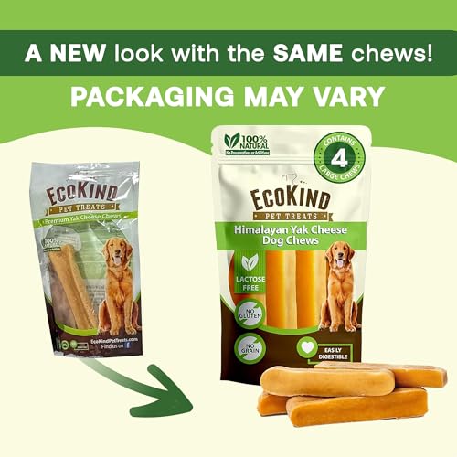 EcoKind Yak Cheese Himalayan Dog Chews, Yak Chews for Large Dogs, 4-5 Bones | 1 Lb, Long Lasting for Aggressive Chewers, Only 3 Ingredient Natural High Protein Dental Dog Treats, No Additives or Lactose