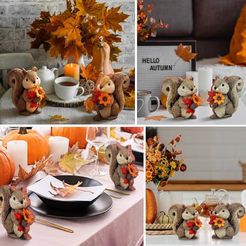 DoubleFill 2 Pcs Fall Squirrel Figurine Thanksgiving Wooden Squirrel Figurines Table Decoration for Autumn Thanksgiving Gifts Home Office Centerpiece Decor Party Supplies (Modern Style) - style: Modern Style