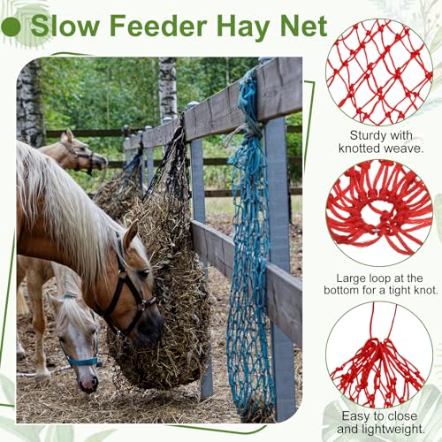 Slow Feeder Hay Net, 40" Length 2" Holes Strong Load-Bearing, Nylon Slow Feed Bag Hay Feeder, (Red, 2 Pcs), Intended for Horses/Goats/Trailer/Stall - color: Red