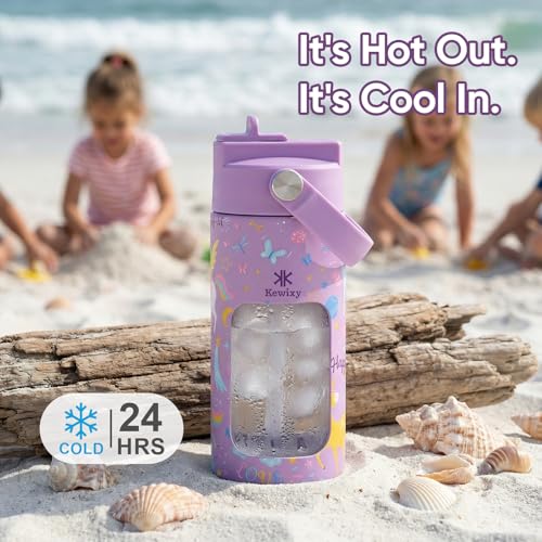 KEWIXY 14 oz Water Bottle with Straw, Easy Slide Lid, Leak Proof, Keep Cold 24H, Vacuum Insulated, Metal Stainless Steel with Handle for School, Farm Friends - color: Farm Friends, size: 14 Ounces