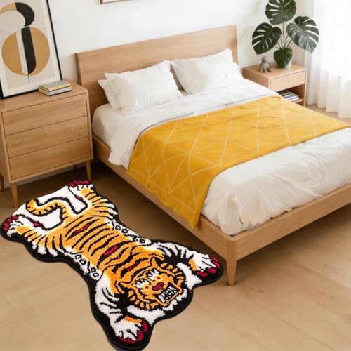 Tibetan Tiger Rug, Orange Tiger Bath Mat Fun Cute Animal Rug | 24 x 40 In, Soft Plush Pile, Non-Slip Backing, Washable, Irregular Shape, Bedroom and Living Room Floor Accent - color: Orange