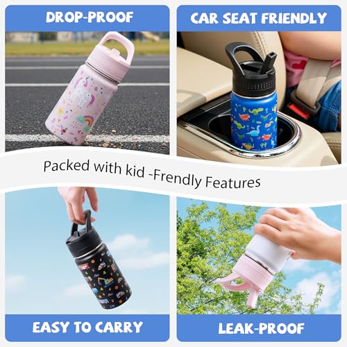 14 Oz Kids Water Bottle, Stainless Steel Water Bottle with Straws, Leak-Proof, BPA-Free, Insulated Water Bottles for School Boys & Girls|Blue Car - color: Blue cartoon car