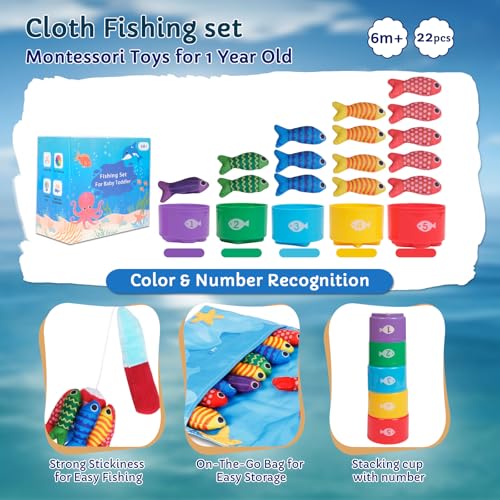 Baby Montessori Sensory Toy 6-18 Months, Ocean Soft Cloth Activity Toy | Fishing Game with Stacking Cups & Color Sorting, Educational Early Learning Toys for Infants, Birthday Gift for Boys Girls