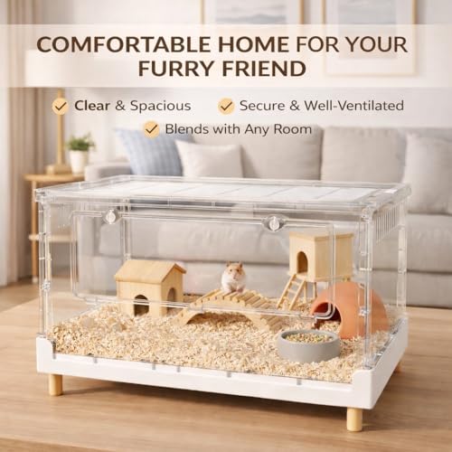Extra Tall Foldable Clear Hamster Cage with Front Door, Deep Base Habitat for Thick Bedding & Burrowing, Easy Clean Wire Mesh Top Ventilation, Escape Proof Enclosure, 27.5x17x16 in - size: 27.5"L x 17.0"W x 16.0"H