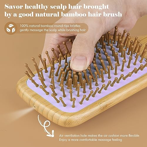 Sofmild Bamboo Hair Brush with Tail Comb, Purple Cushion Paddle Brush | Natural Wooden Hairbrush for Women Men Kids, 2 in 1 Comb Brush for Thick Curly Long Hair,Detangler Brush for Hair Growth - color: Purple