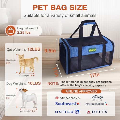 Foldable Cat Carrier 17"x11"x9.5", Soft-Sided Airline Travel Bag | Portable soft carrier with scratch-resistant mesh, top opening and foldable design. Fits cats up to 12 lbs for travel. - color: Blue, size: 17x11x9.5 In