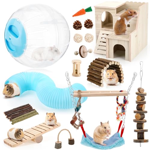 Foilswirl 17 Pcs Hamster Cage Accessory Set, Hamster Toys with Wooden House, Tunnel, Bridge, Natural Chew Toys, Playground Kit for Hamsters, Gerbils, Small Animals