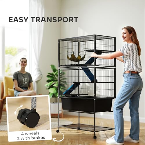 PawHut 59" 5-Level Small Animal Cage, Rolling Ferret Chinchilla Cage with Slide Out 6.3" Deep Tray, Non-Slip Cloth Covered Ramps, Hammock, for Rabbits, Pet Mink, Squirrel, Dark Gray | Ferret Chinchilla Cage, Slide Out 6.3" Deep Tray, Non-Slip Cloth Covere