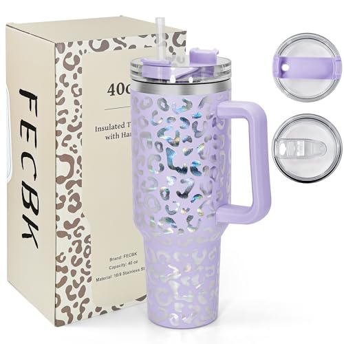 40 oz Tumbler with Handle and Straw, 100% Leak-Proof Travel Mug, Stainless Steel Double Wall Vacuum Insulated Coffee Cup Keeps Cold For 34 Hours, Dishwasher Safe, Lavender Leopard - color: Lavender Leopard