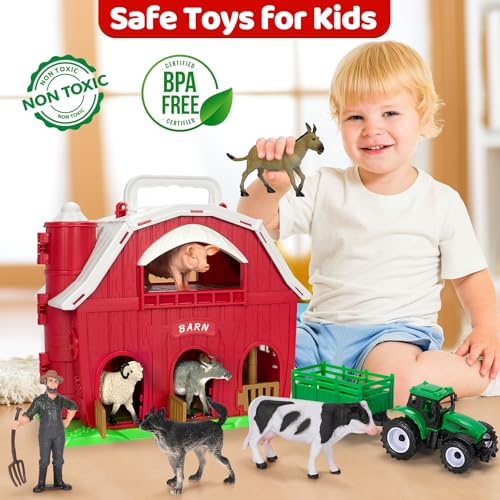 Farm Animals Toys for 1 2 3 4 5 Year Old Toddlers Girls Boys, Big Red Barn Farm Playset with Figures Animals and Tractor Toy for Kids 1-3, Educational Learning Toys, Christmas Birthday Easter Gifts
