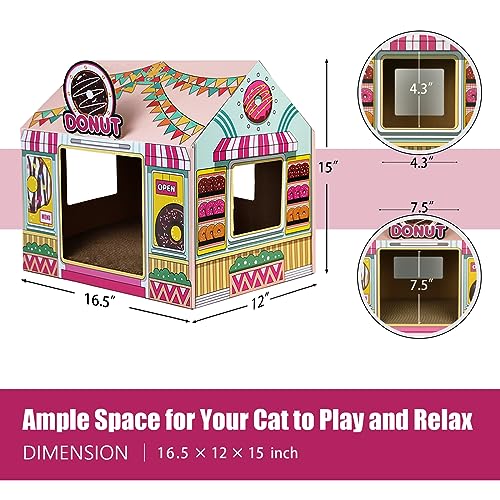 SEKAM Cardboard Cat House with Scratcher/Catnip (16.5'' x 12'' x 15''), Donut Shop for Indoor/Outdoor, Cat Scratch Box & Home Decor, Hideout for Small Animals - color: Donut Shop