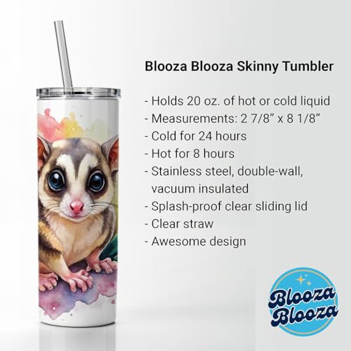 Sugar Glider Watercolor Skinny Tumbler 20oz with Straw Insulated Water Bottle Gift