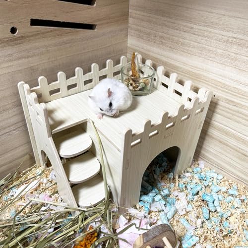 Hamster Wooden House Hamster Hideout Hut Maze Cage Accessories with Ladder and Platform for Syrian Hamsters Dwarf Gerbil Mouse