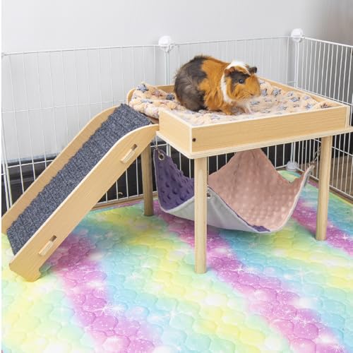 BESNEW Enlarged Guinea Pig Hammock with Platform and Stairs,Wooden Small Animal Hideout for Guinea Pigs Bunny Ferret Hamster Hiding Sleeping Activities(Single) - style: Hammock with ramp