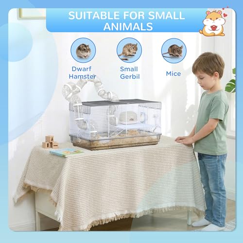 PawHut Hamster Cage, 2 Levels Gerbil Cage, Small Animal Cage for Dwarf Hamster with Tubes and Tunnels, Exercise Wheel, Food Dish, Water Bottle, Ramp, 23" x 13" x 12", Gray | Gerbil Habitat, Small Animal Cage, Tubes and Tunnels, Exercise Wheel, Food Dish,