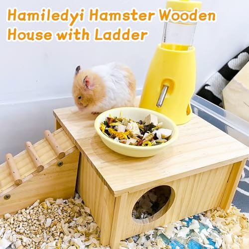 Hamster Wooden House with Ladder Hamster Wood Hideout Activity Platform Exercise Climbing Hut Natural Living Wood Room for Syrian Hamster Gerbil Mice Rat