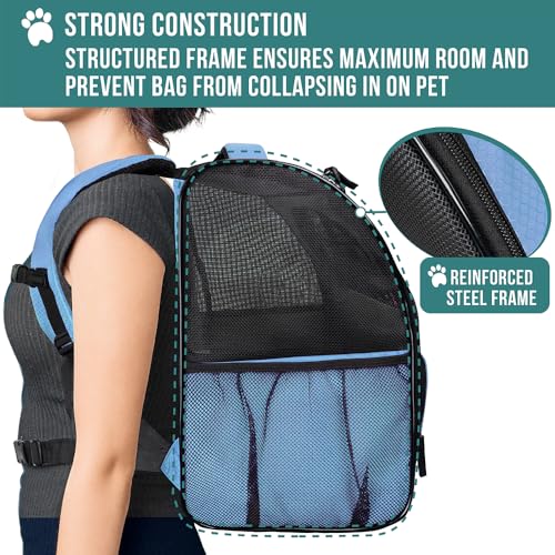PetAmi Dog Backpack Carrier Airline Approved Cat Pet Puppy Bag, Light Blue | Ideal for Small Medium Large Pet up to 18 lb, 2 Side Entry Structured No-Collapse Frame, Ventilated Bookbag for Hiking Travel - color: Light Blue