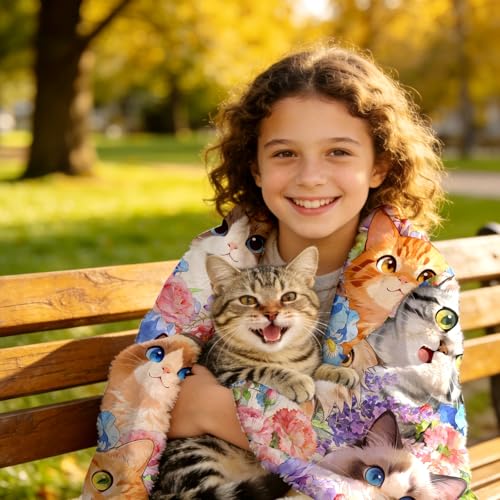 Cat Blanket Gifts Soft Warm Flannel Cats Throw Blanket Cute Cat Themed Lovers Gifts for Couch Bed Travel 50"x40" - color: Blue Cat