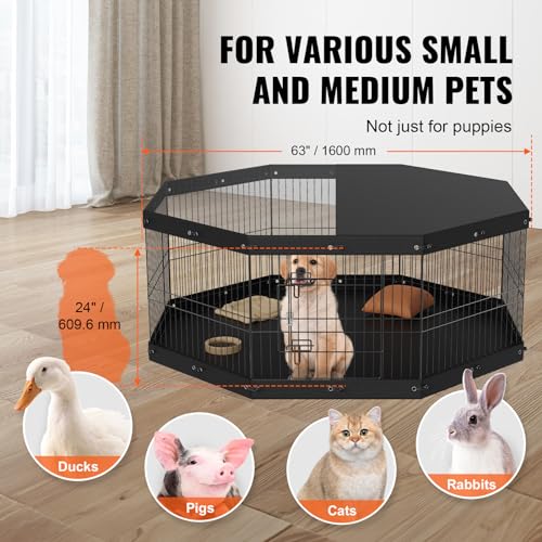 VEVOR Foldable Metal Dog Exercise Pen, Pet Playpen Dog Fence for Camping with Top Cover and Bottom Pad, 24" H 8 Panels, Puppy Crate Kennel Indoor Outdoor for Medium Dogs, Both for Home&Yard - size: 8 panels 24*24in, style: Playpen + Top Cover & Bottom Pad