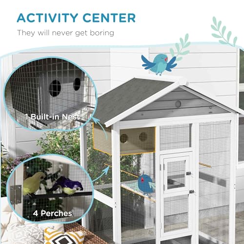 PawHut 64.5" Wooden Bird Cage Aviary, Flight Cage with 4 Perches, Nest and Slide-Out Tray for Indoor/Outdoor, Gray | 4 Perches, Nest, Slide-Out Tray