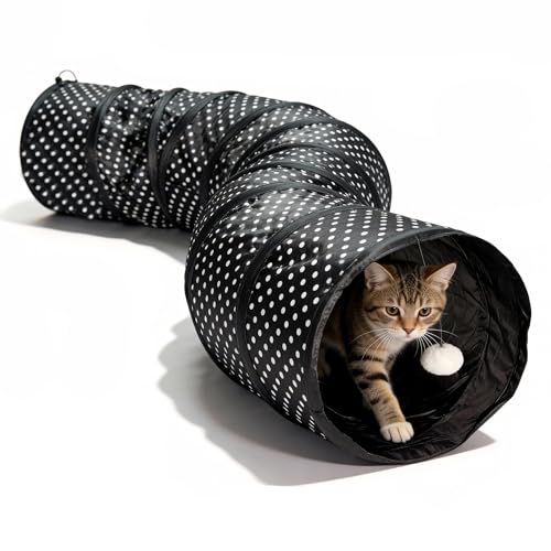 Cat Tunnel Collapsible, More Interactive Indoor Play Toy Tube for Cats & Kittens with Hanging Ball and Peekaboo Holes(S) - size: S