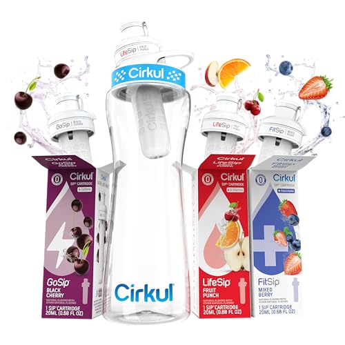 Cirkul 22oz. BPA-Free Plastic Water Bottle Starter Kit with Blue Lid, 3 Flavor Cartridges (1 LifeSip Fruit Punch, 1 FitSip Mixed Berry, 1 GoSip Black Cherry) Zero Calories and No Sugar - size: 22oz. Bottle + 3 Cartridges