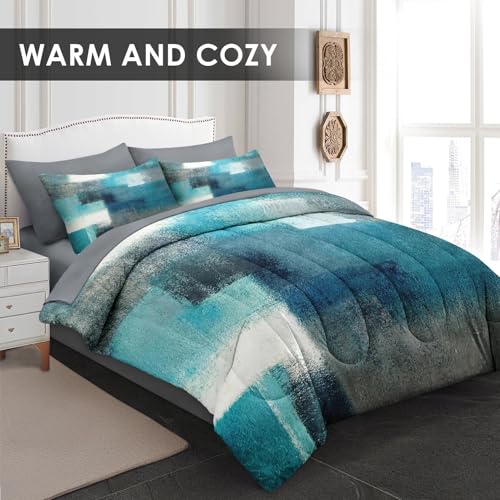 WeCozy Twin Comforter Set with Sheets, 5 Pieces Turquoise Grey Bedding | Bed in A Bag for All Season, Painting Teal Contemporary Gray, Pillowcase & Sham for Kids and Adults - color: Turquoise Teal, size: Twin