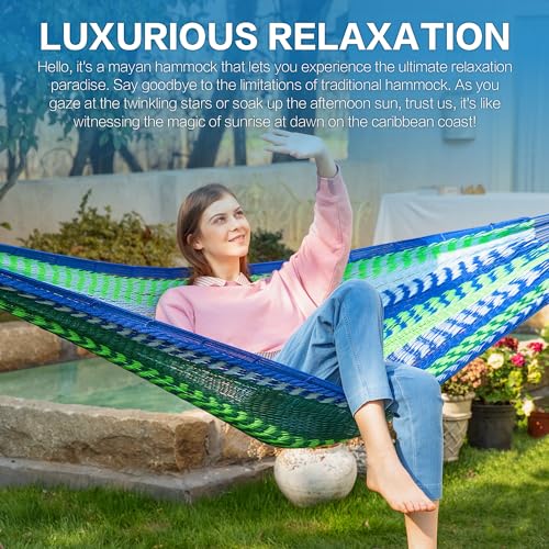 Handwoven Mayan Hammock, Thick Soft Rope Double Hammock for Outdoor Outside & Indoor, 600 lbs Capacity Heavy-Duty, Includes Tree Straps, Carabiners & Carry Bag(Lake Superior, X-Large) - color: Lake Superior, size: X-Large