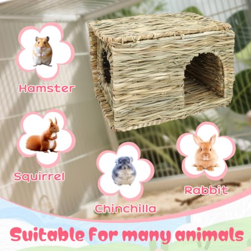 2 Pack 14.6"×10.2"×9" Foldable Large Grass Bunny House for Small Animals | Rabbit Hut Hideaway Bed with Hay Mat & Chew Toy, Fits Guinea Pigs, Hamsters & Small Animals