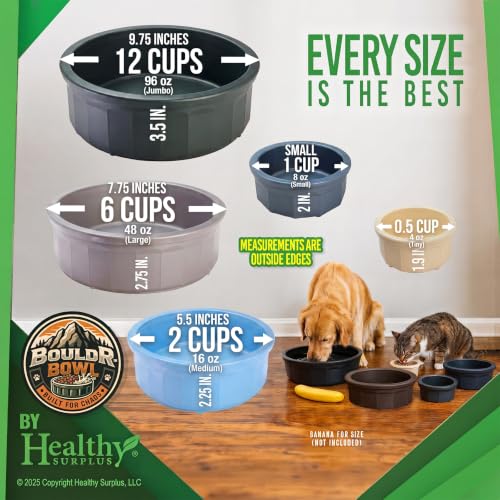Pet Crock Bowl – Thick Durable Plastic Non-Tip Food & Water Dish for Dogs, Cats & Small Animals – Indoor/Outdoor – Chew Resistant, Easy Clean (Gray, Medium 16oz) BouldrBowl by Healthy Surplus® - color: Gray, size: 2 Cups (16oz)