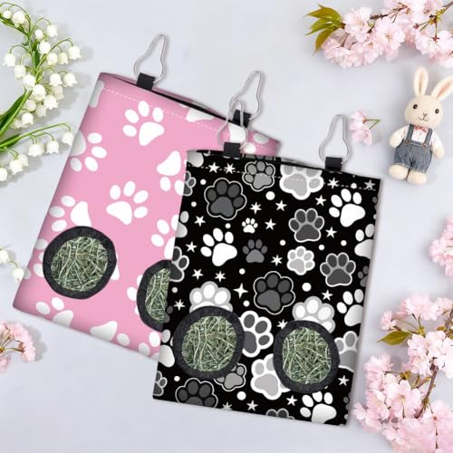 2Pcs 2 Styles Hay Feeder Bag for Rabbits Guinea Pigs Chinchillas 11.6 x 9 Inch Bunny Hay Feeder with 2 Holes Pink Black Paw Print Cloth Washable Hanging Pet Feeding Storage Cage Accessories - color: Paw Print