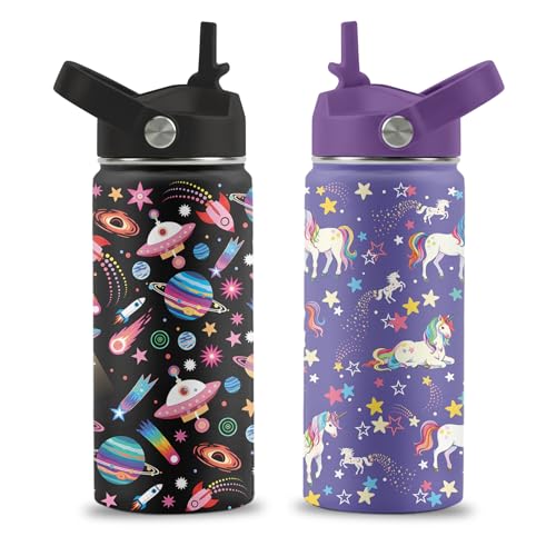 16 oz Water Bottle with Straw, Space Unicorn Gifts for Boys Girls, 2 PCS | Stainless Steel Insulated Water Bottles for School Travel Outdoor Sports, Cute Universe Unicorn Cups - color: Space and Unicorn