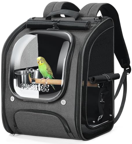 Pecute Bird Backpack Carrier with Standing Perch for Small Parrot, Grey | Transparent window, breathable design with comfy mat, ideal for vet visit, shopping and outdoor adventures - color: Grey