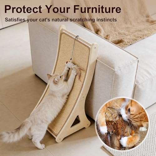 Sisal Cat Scratcher, Cat Scratching Board with Mouse Toy | 24” Wooden Ramp, Vertical and Horizontal Use for Wall and Floor, Easy Assembly, Climb and Scratch Fun, Protects Furniture