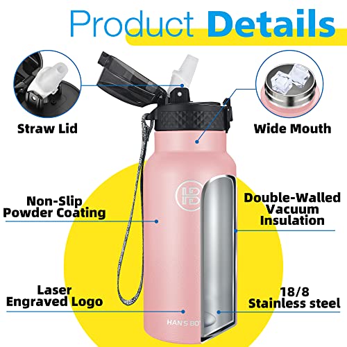 Han's Bottle Kids Water Bottle with Straw Lid - Insulated Stainless Steel Reusable Tumbler for Girls,Boys,Thermo Mug,17oz,Blush - color: Blush, size: 17 Ounces
