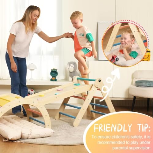 Pikler Triangle Set with Cushion, 7 in 1 Toddler Climbing Toys Indoor | Foldable Space-saving Design, Montessori-inspired Learning, Reversible Slide & Ramp, ASTM F963 Standards for Toddlers 18M-5Y - color: Rainbow