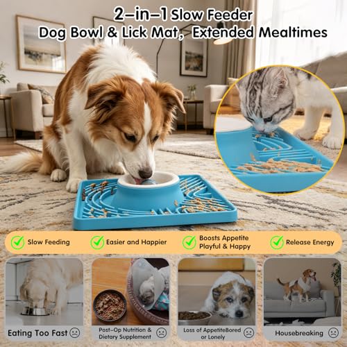 Slow Feeder Dog Bowl with Rolling Ball, 6 to 7 Cup Large Capacity, Anti-Slip Silicone Lick Mat for Liquid Treat,Interactive Puppy Licking Toy for Large, Medium, Small Dogs and Cats, Blue